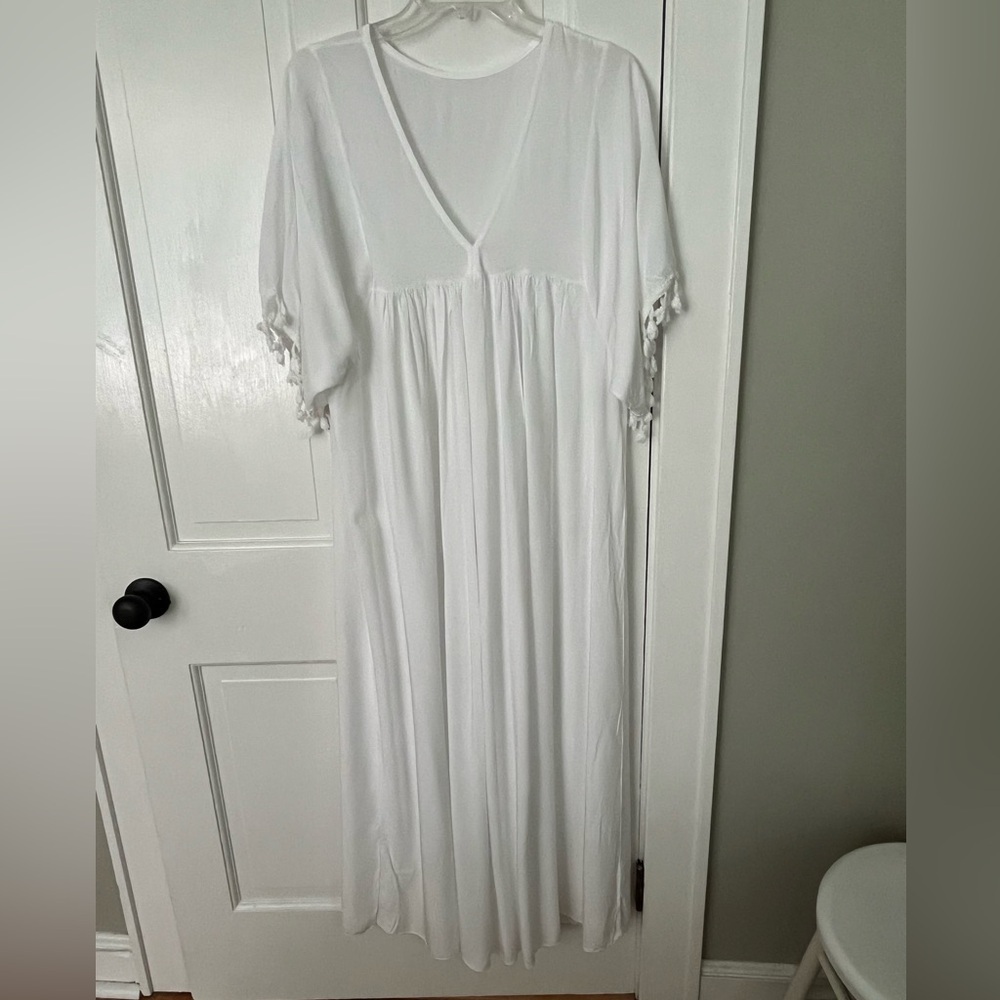 Made in Italy 100% White Viscose Maxi Dress Caftan Cover Up Boho Beach Tassels